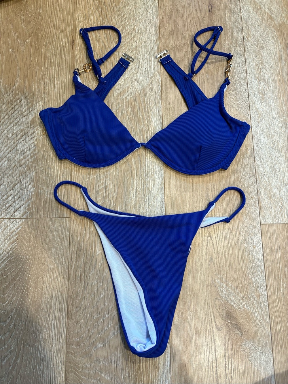Blue Ribbed Underwire Bikini Set - Women Swim